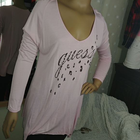 Guess ☆ Y2k Pink Soft Cheetah Bling Glitter V-Neck Long Sleeve Tunic Shirt L - Picture 2 of 11